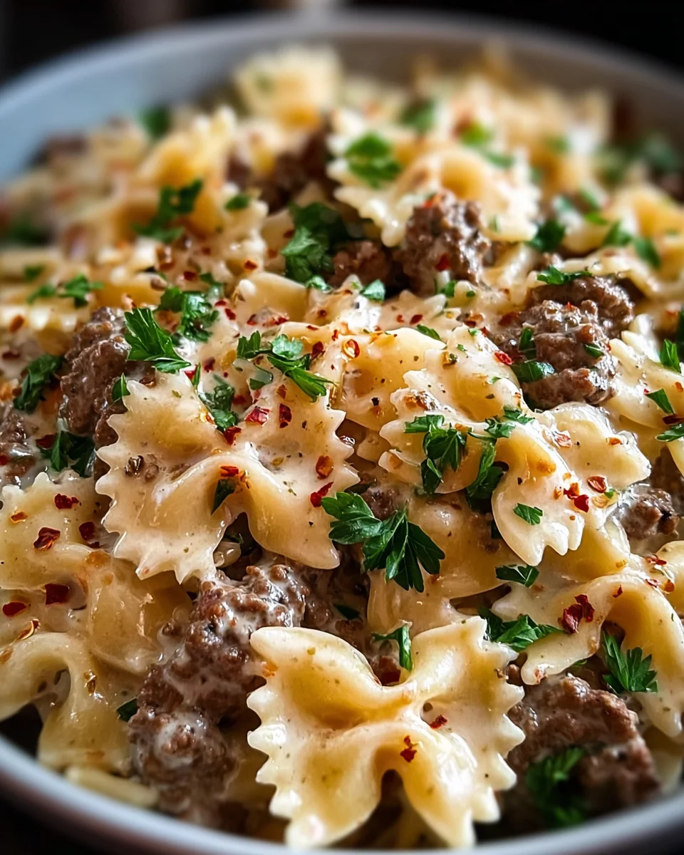 Beef and Bowtie Pasta with Alfredo Sauce