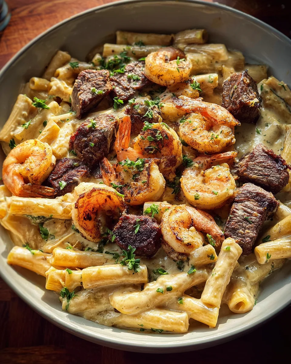 Blackened Steak and Shrimp Alfredo