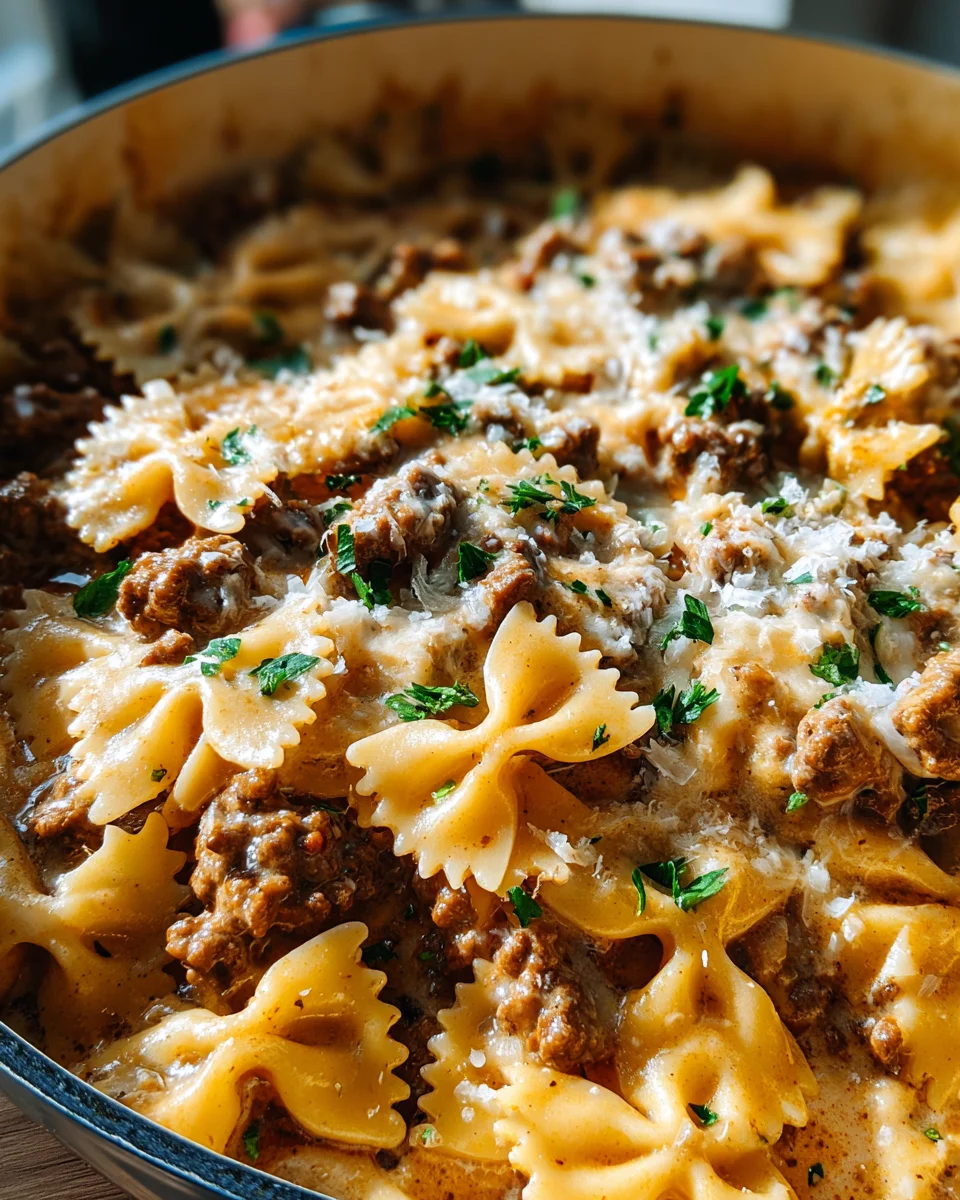Cheesy Beef and Bowtie Pasta in Garlic Butter