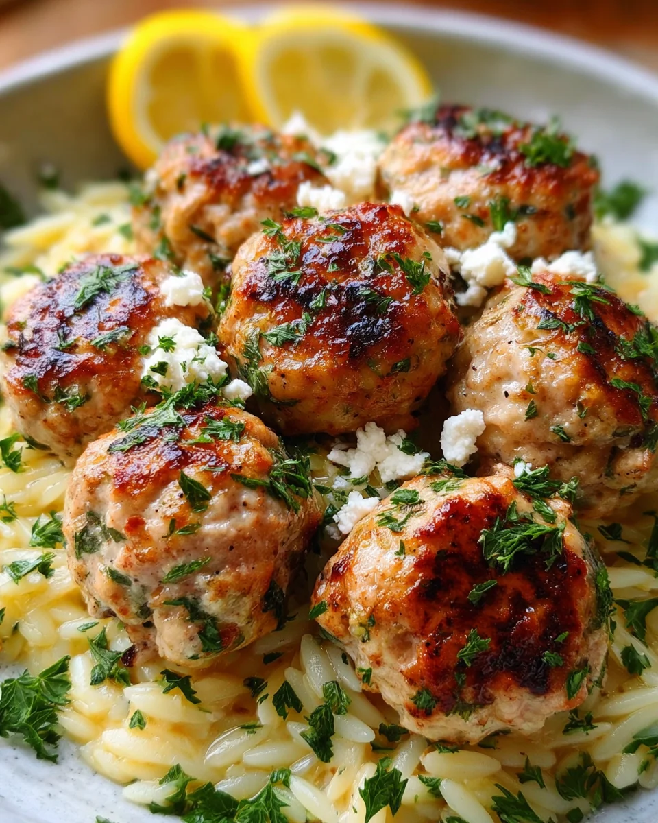 Greek Chicken Meatballs with Lemon Orzo
