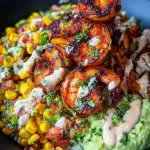 Grilled Shrimp Bowl with Avocado, Corn Salsa & Creamy Sauce