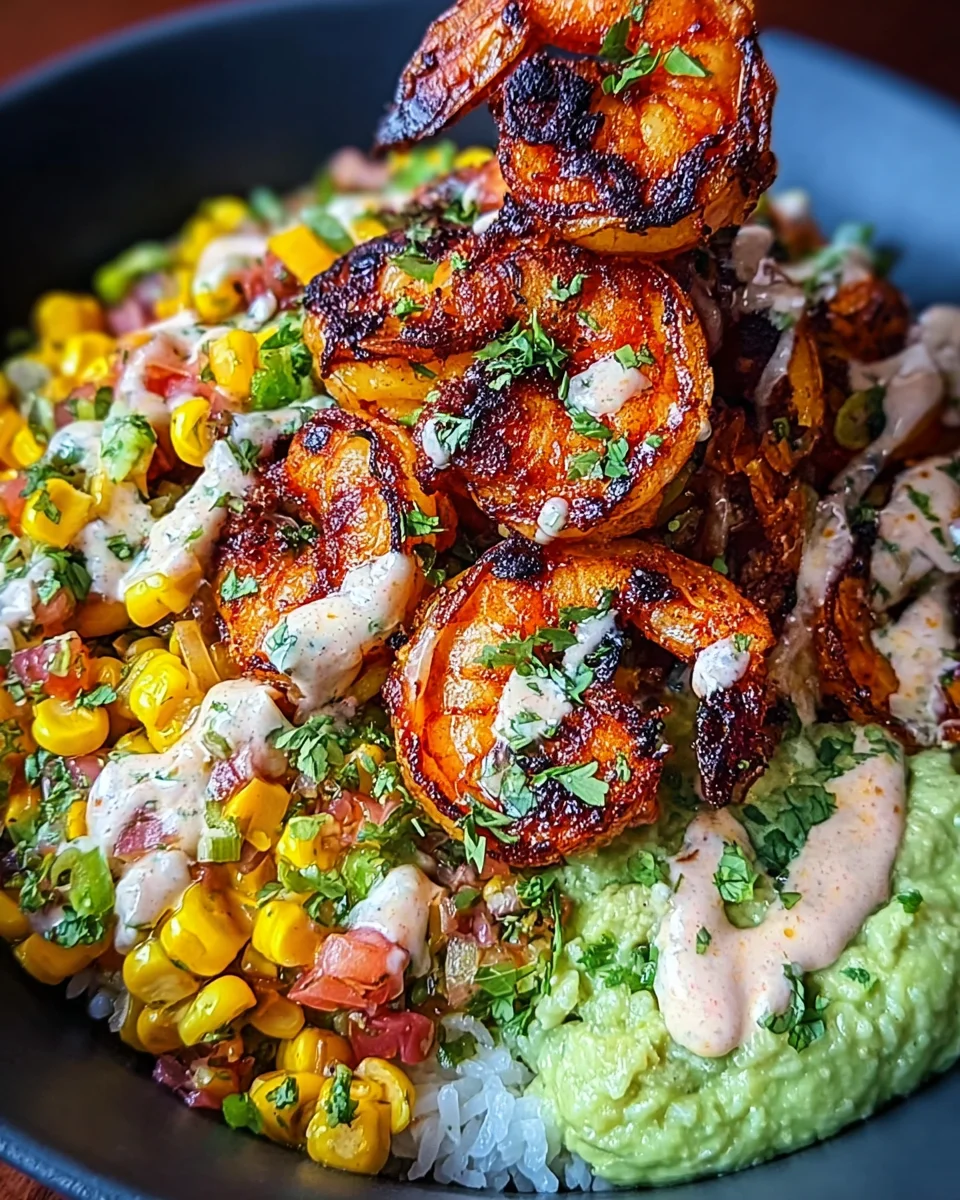 Grilled Shrimp Bowl with Avocado, Corn Salsa & Creamy Sauce