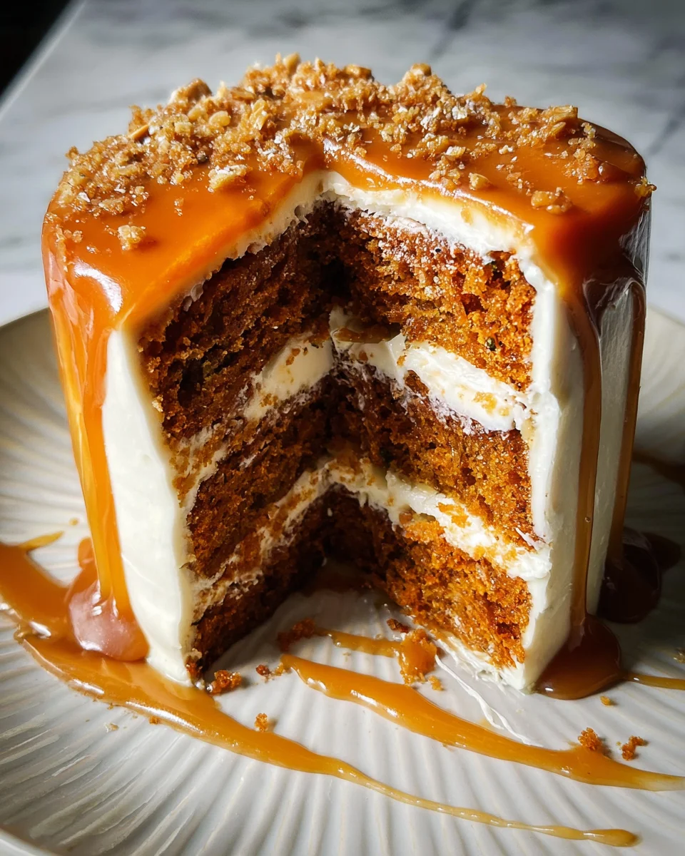 Pumpkin Cake with Cream Cheese Frosting and Salted Caramel Drizzle