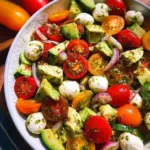 Tomato Cucumber Avocado Salad with Mozzarella and Basil Pesto
