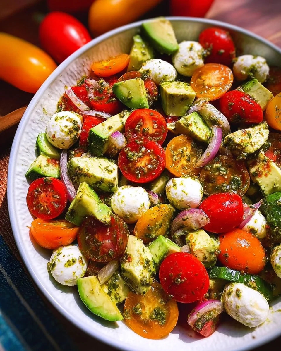 Tomato Cucumber Avocado Salad with Mozzarella and Basil Pesto