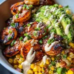 Grilled Shrimp Bowl with Avocado, Corn Salsa & Creamy Garlic Sauce