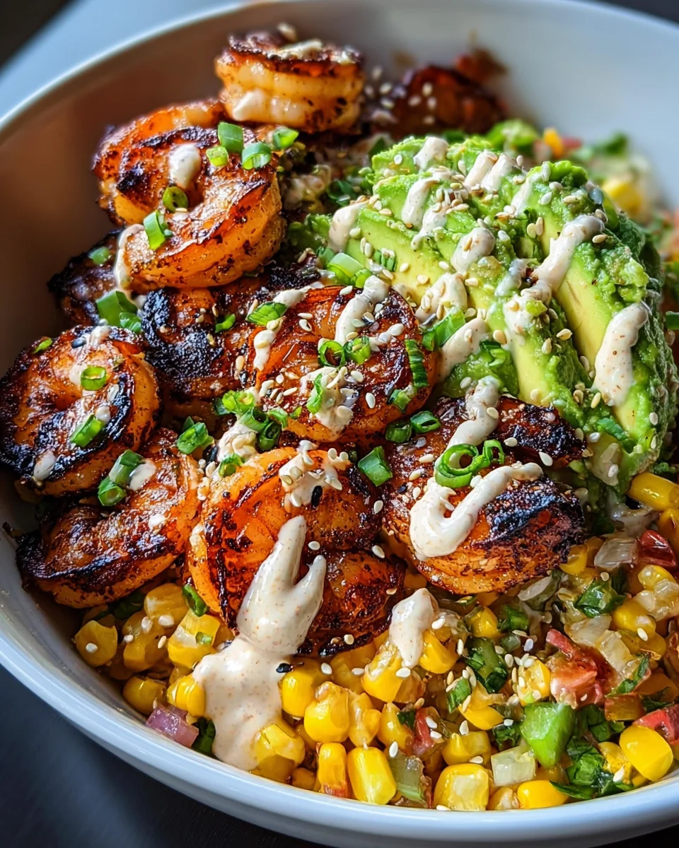 Grilled Shrimp Bowl with Avocado, Corn Salsa & Creamy Garlic Sauce