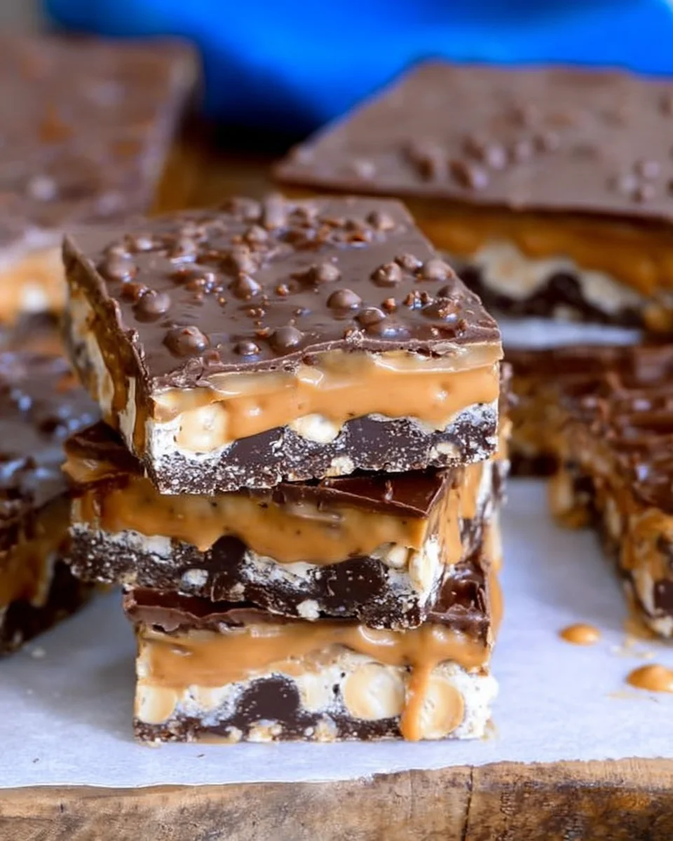 No Bake Crispy Snickers Bars
